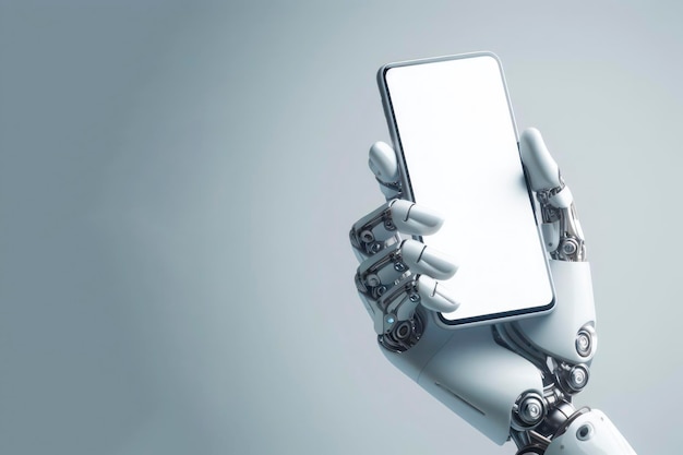 Photo modern robotic hand holding smartphone with white blanc screen device isolated with copy space ai