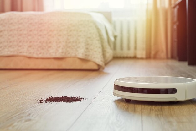 Photo modern robotic vacuum cleaner removing dirt or soil from wooden floor smart home concept