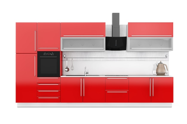 Modern rood keukenmeubilair met keukengerei op een witte achtergrond. 3D-rendering