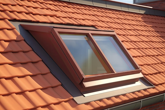 Modern Roof Skylight Window on Red House Clay Ceramic Tiles Roof Roofing Construction