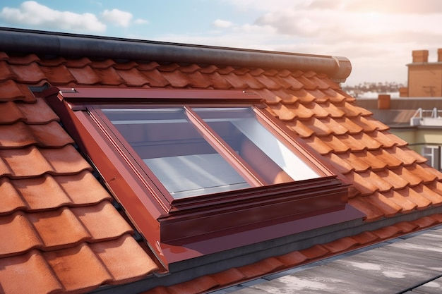 Modern Roof Skylight Window on Red House Clay Ceramic Tiles Roof Roofing Construction