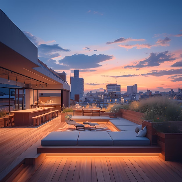 Foto una moderna oasi sul tetto al tramonto