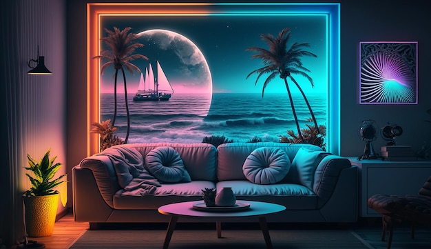 Modern room decor living room neon effect interior design AI Generated image