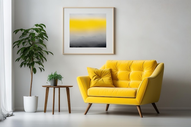 Modern room interior cozy yellow armchair coffee table picture on a wall near window