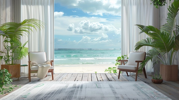 Modern room interior near beach with sky and sea view