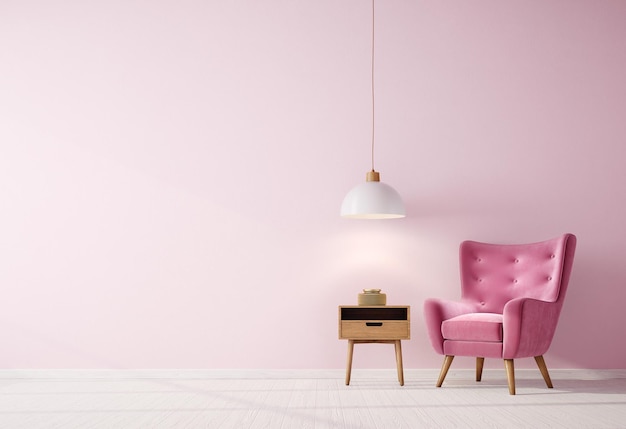 Современный интерьер комнаты с розовым стулом