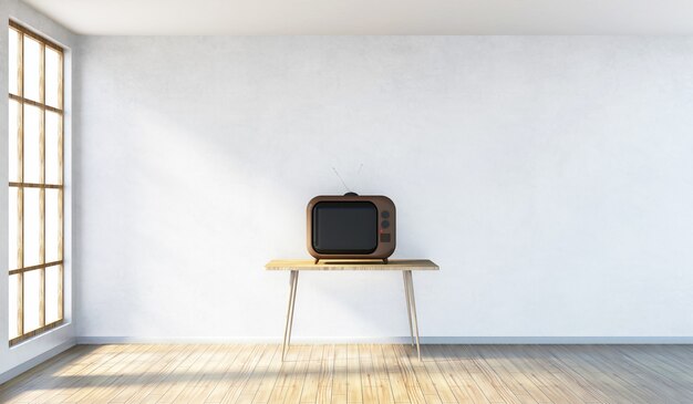 Modern Room Interior with Retro Vintage TV on Table and Panoramic Windows in 3D rendering