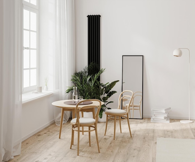 Modern room interior with white wall and wooden floor dining table near window mirror and radiator 3d render