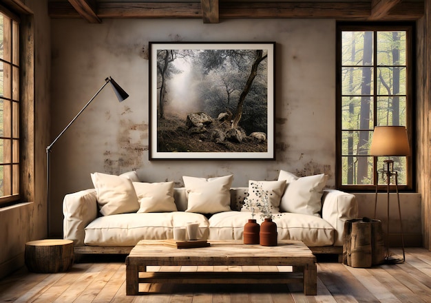 Modern room in a rustic furniture with wall art mockup