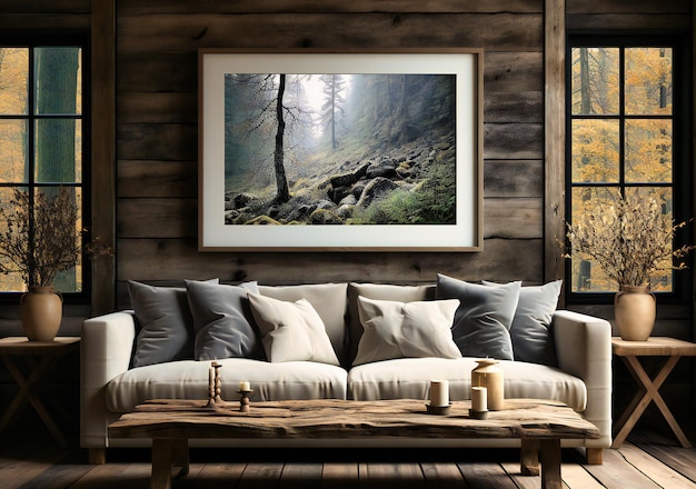 Modern room in a rustic furniture with wall art mockup