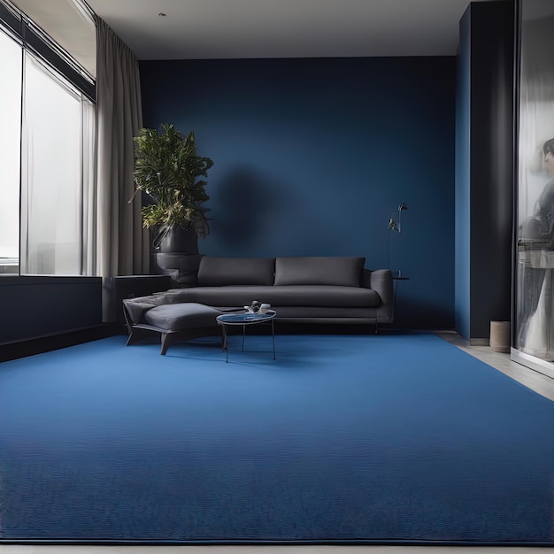 modern room with blue carpet and sofamodern living room interior design with a blue sofa and a large