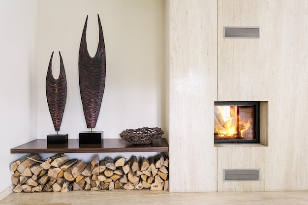 modern room with fireplace