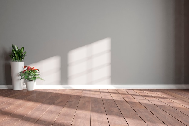 Modern room with gray wall and plants in white pots