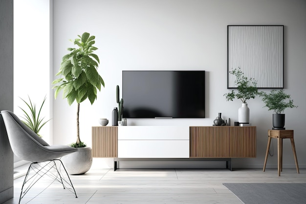 TV 캐비닛과 흰색 벽이 있는 현대적인 객실