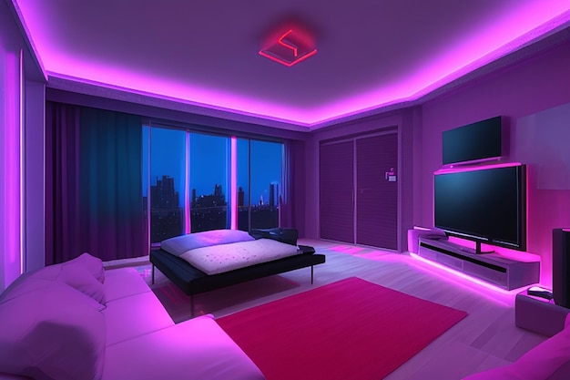 Modern room with violet light and red light illumination generative ai