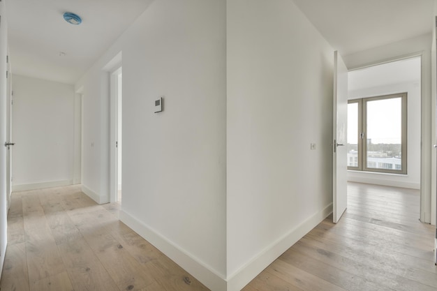 Modern room with wooden floor and white walls