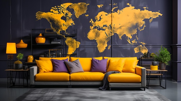 Foto sala moderna con una parete con la mappa del mondo