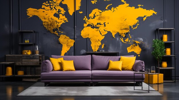 Modern Room with World Map Wall