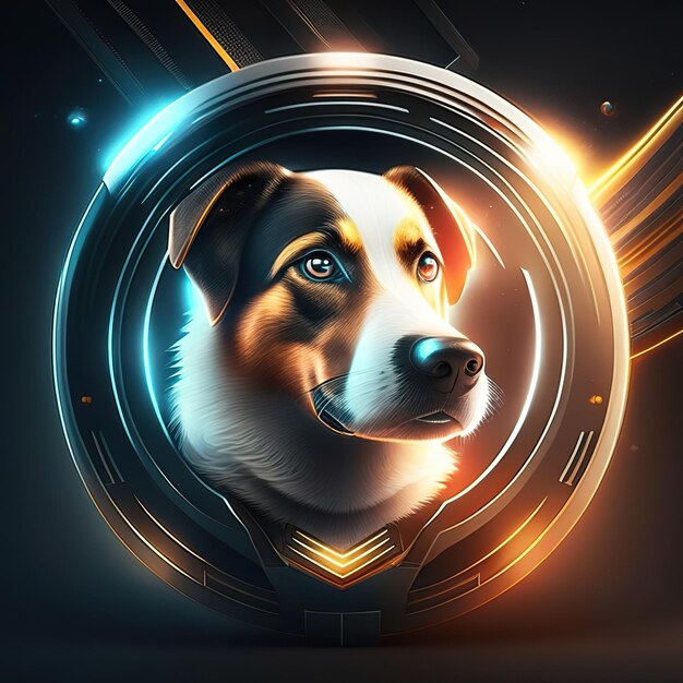 Modern round logo with dog and details in gold and light in the background generative ai
