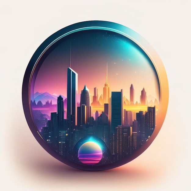 Современный круглый логотип с футуристическим городом в мягких цветах Генеративный ИИ