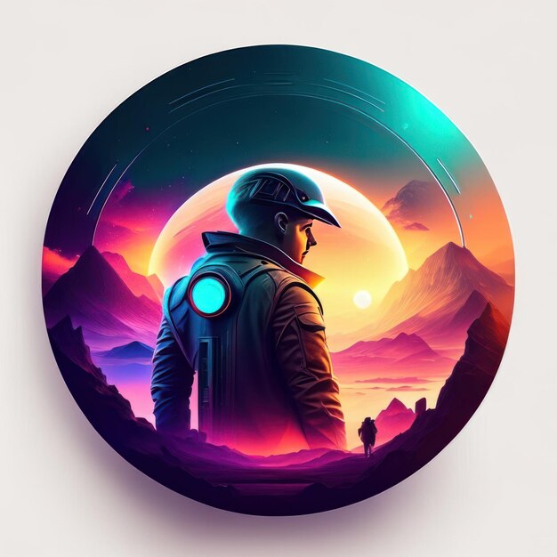Modern round logo with futuristic man in soft colors and light in the background Generative AI