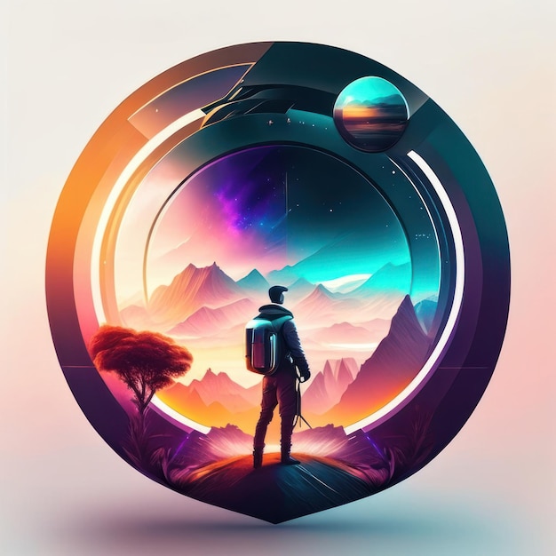 Modern round logo with futuristic man in soft colors and light in the background generative ai