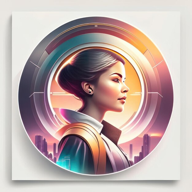 Modern round logo with futuristic woman in soft colors and light in the background generative ai