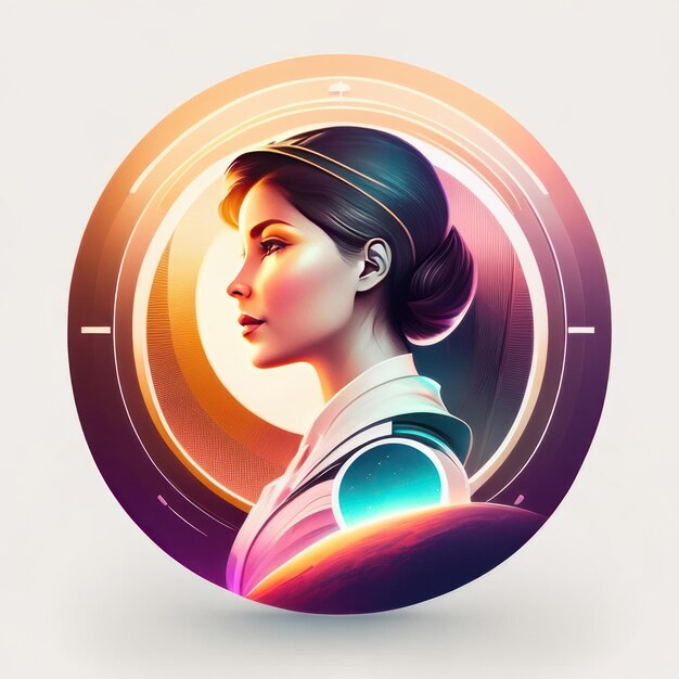 Photo modern round logo with futuristic woman in soft colors and light in the background generative ai