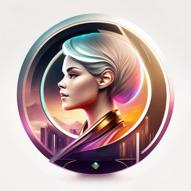 Foto logo rotondo moderno con donna futuristica in colori tenui e luce sullo sfondo ai generativa