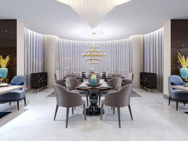 Modern round table in the hotel restaurant, for four persons, with leather chairs and a served wooden table. A table near a large panoramic window. Evening lighting. 3d rendering.