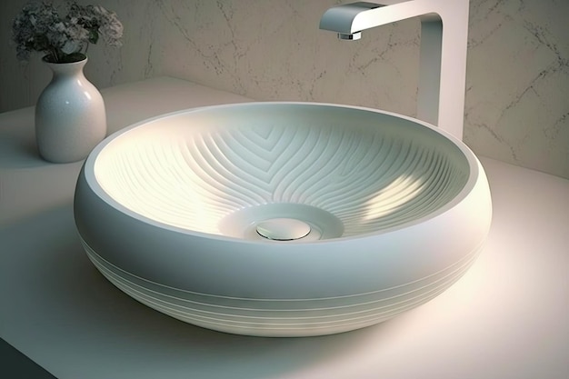 A modern round white wash basin with sleek lines and a minimalist design created with generative ai