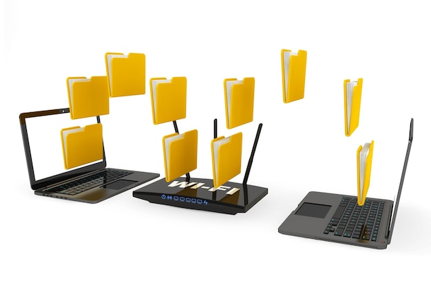 Modern Router with foldes and Laptops on a white background