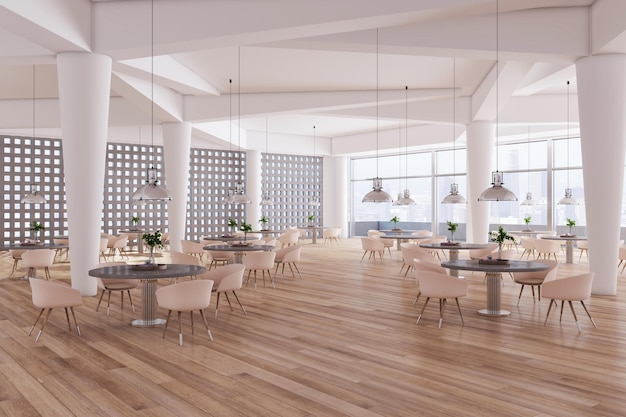 Modern ruim betonnen restaurantinterieur met houten vloeren panoramisch uitzicht op de stad tafels en stoelen Cafetaria projectconcept 3D-rendering