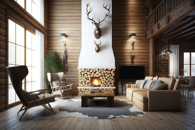 Современный декор гостиной в деревенском коттедже с уютным интерьером шале, камином, деревянной стеной и мебелью Генеративный AI