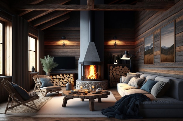 Modern Rustic Cottage Living Room Decor with Chalet Cozy Interior Fireplace Wood Wall and Furniture Generative AI