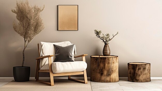 Modern rustic living room with fabric lounge chair and wood stump side table against beige stucco wall ai generated