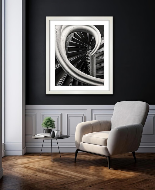 Photo a modern rustic room with a spiral staircase above a white framed picture in the style of dark silv