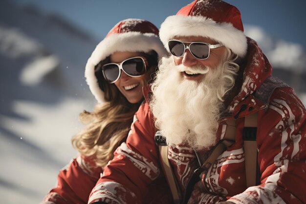 Modern Santa Claus at a ski resort with a beautiful girl in the background Holiday concept