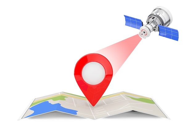 Modern Satelite Broadcasting to Folded Abstract Navigation Map with Map Pointer Pin on a white background. 3d Rendering