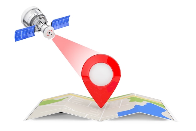 Modern Satelite Broadcasting to Folded Abstract Navigation Map with Map Pointer Pin on a white background. 3d Rendering