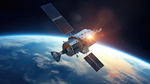 Modern satellite spacecraft orbiting the Earth The satellite tracks the Earth Space technology