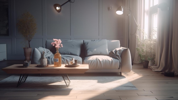 Современная скандинавская гостиная с серой стеной и диваном, деревянным журнальным столиком с вазами и подсвечниками