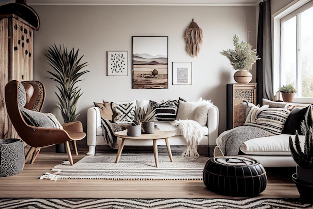 Modern scandiboho-interieur met strak meubilair en natuurlijke texturen