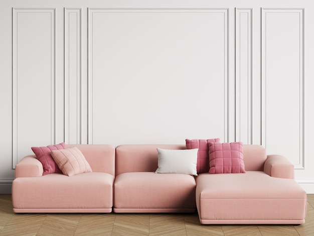 インテリアのモダンな北欧デザインのソファ。モールディングの壁、床の寄せ木張りのヘリンボーン。コピースペース、3 dレンダリング