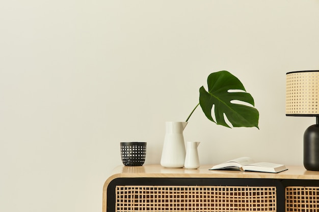 Interni moderni scandinavi con comò in legno di design, foglie tropicali in vaso, libri e accessori personali in un elegante arredamento per la casa. modello. copia spazio. muri bianchi.