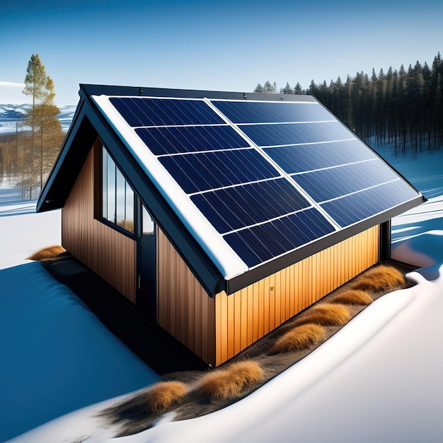 A modern Scandinavian house with a large solar panel on the roof is covered in snow forest in back