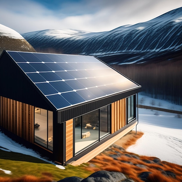 A modern Scandinavian house with a solar panel on the roof is in the snow and mountains in the back