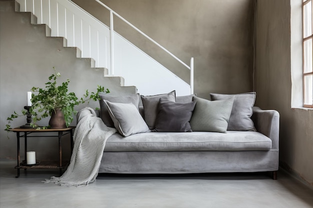 Фото Современный скандинавский дизайн интерьера серый диван в стильной гостиной с лестницей