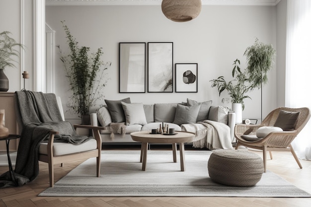 Photo modern scandinavian interior of living room with design grey sofa armchair a lot of plants coffee table carpet and p