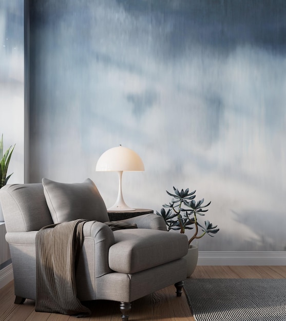 modern scandinavian interior with armchair and empty space on the wall 3d rendering